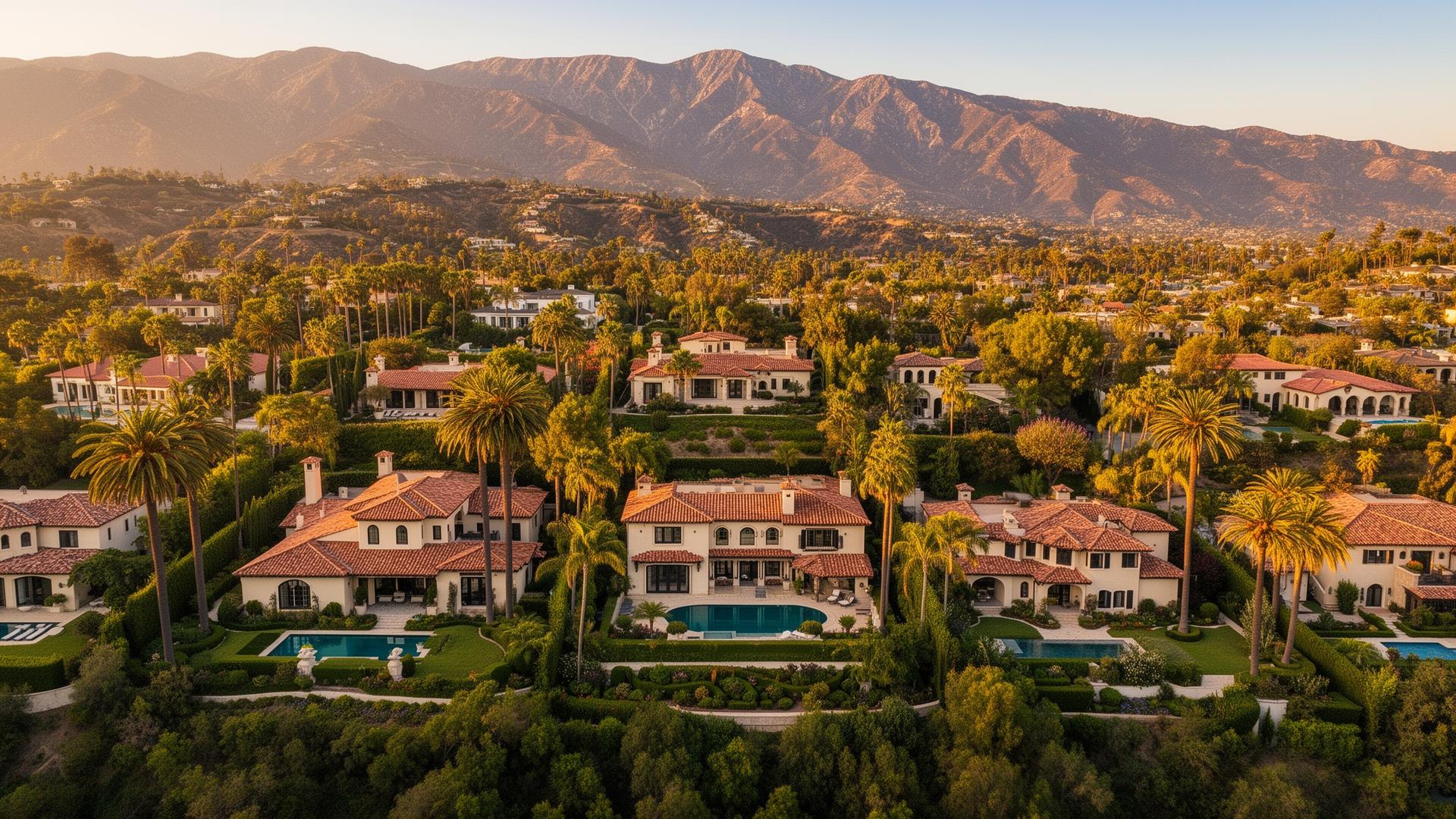 Luxury homes in the San Gabriel Valley foothills at golden hour